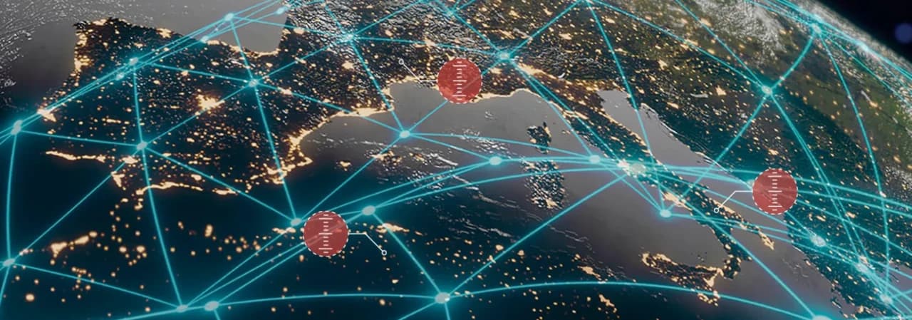 Vue nocturne de la Terre montrant l'Europe et l'Afrique illuminées par les villes, avec un réseau numérique bleu brillant et trois marqueurs rouges indiquant des points d'intérêt.