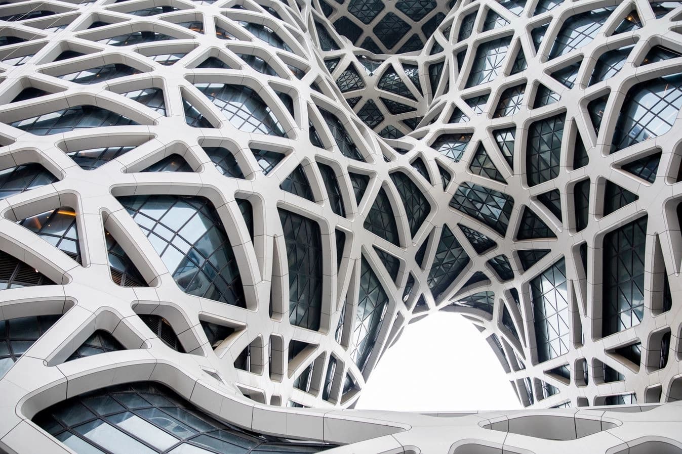 La façade d'un bâtiment moderne présente une structure maillée blanche organique et curviligne, encadrant des fenêtres en verre foncé et réfléchissant, avec un grand passage arqué blanc.