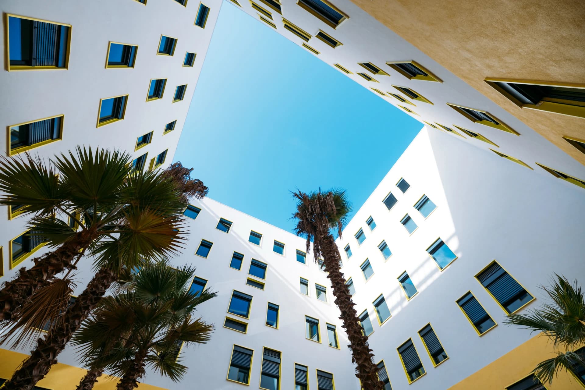 Vue d'en bas d'une cour intérieure moderne avec des murs blancs et jaunes, des fenêtres aux cadres jaunes vifs, et des palmiers s'élevant vers un carré de ciel bleu éclatant.