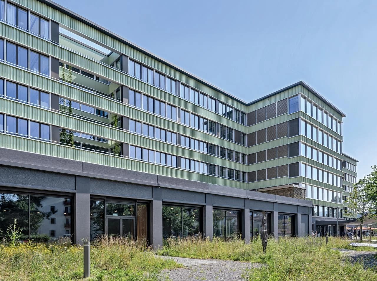 Grand bâtiment moderne avec une façade vert clair et de nombreuses fenêtres, une base sombre en verre et un aménagement paysager herbeux au premier plan sous un ciel bleu clair.