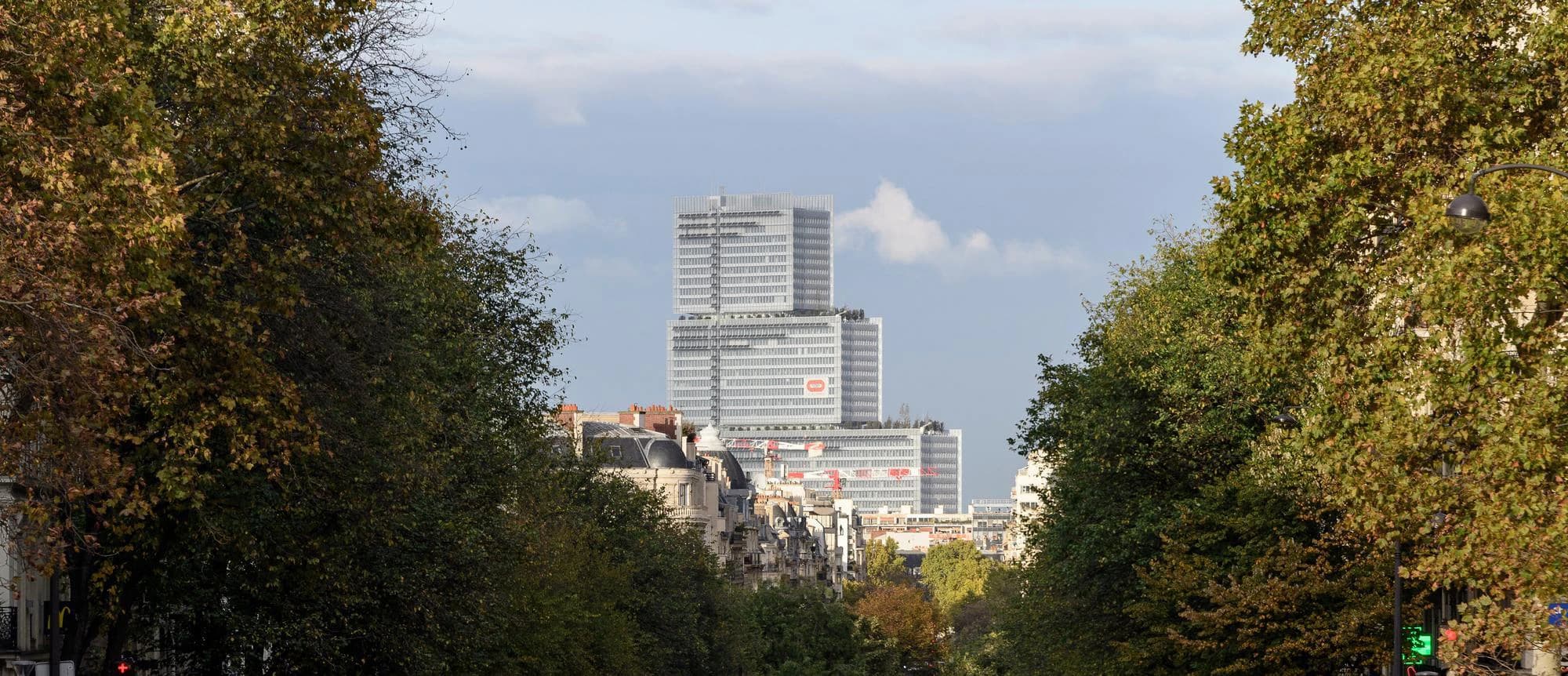 Un paysage urbain où se dressent des gratte-ciel modernes gris clair derrière des bâtiments traditionnels beiges, le tout encadré par une végétation dense et des arbres aux couleurs automnales sous un ciel d'un bleu éclatant.