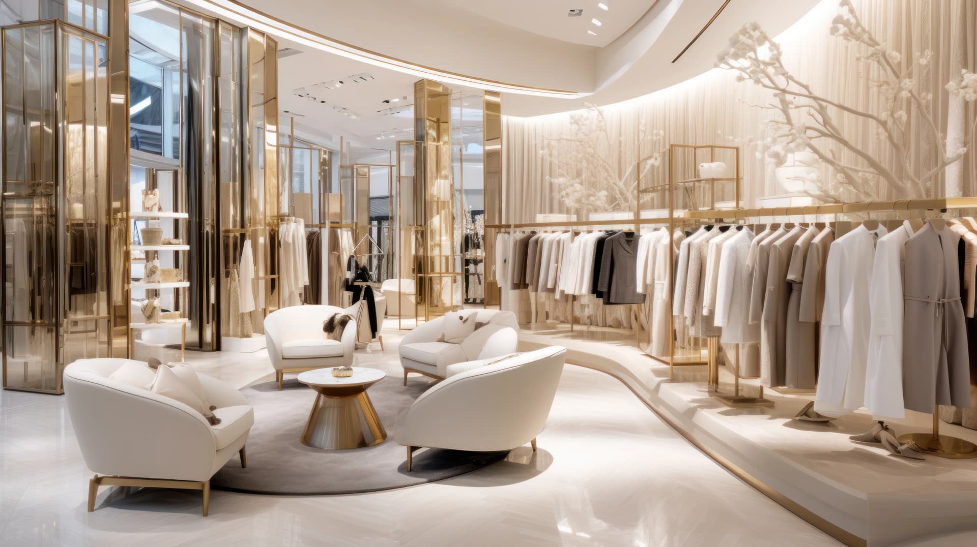 Intérieur chic d'une boutique de mode de luxe avec des portants dorés présentant des vêtements aux tons neutres, un coin salon aux fauteuils blancs et une décoration élégante dominée par le crème, le blanc et des accents dorés.