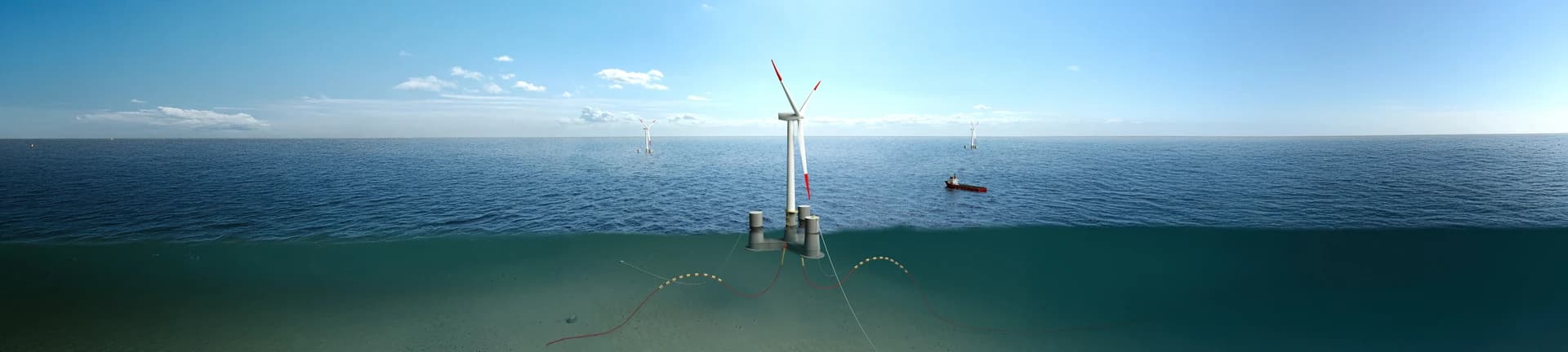 Une illustration d'une éolienne flottante en mer avec une vue en coupe montrant sa structure grise, ses lignes d'ancrage blanches et ses câbles d'alimentation rouges s'étendant vers le fond marin. D'autres éoliennes et un navire sont visibles à l'horizon sous un ciel bleu clair.