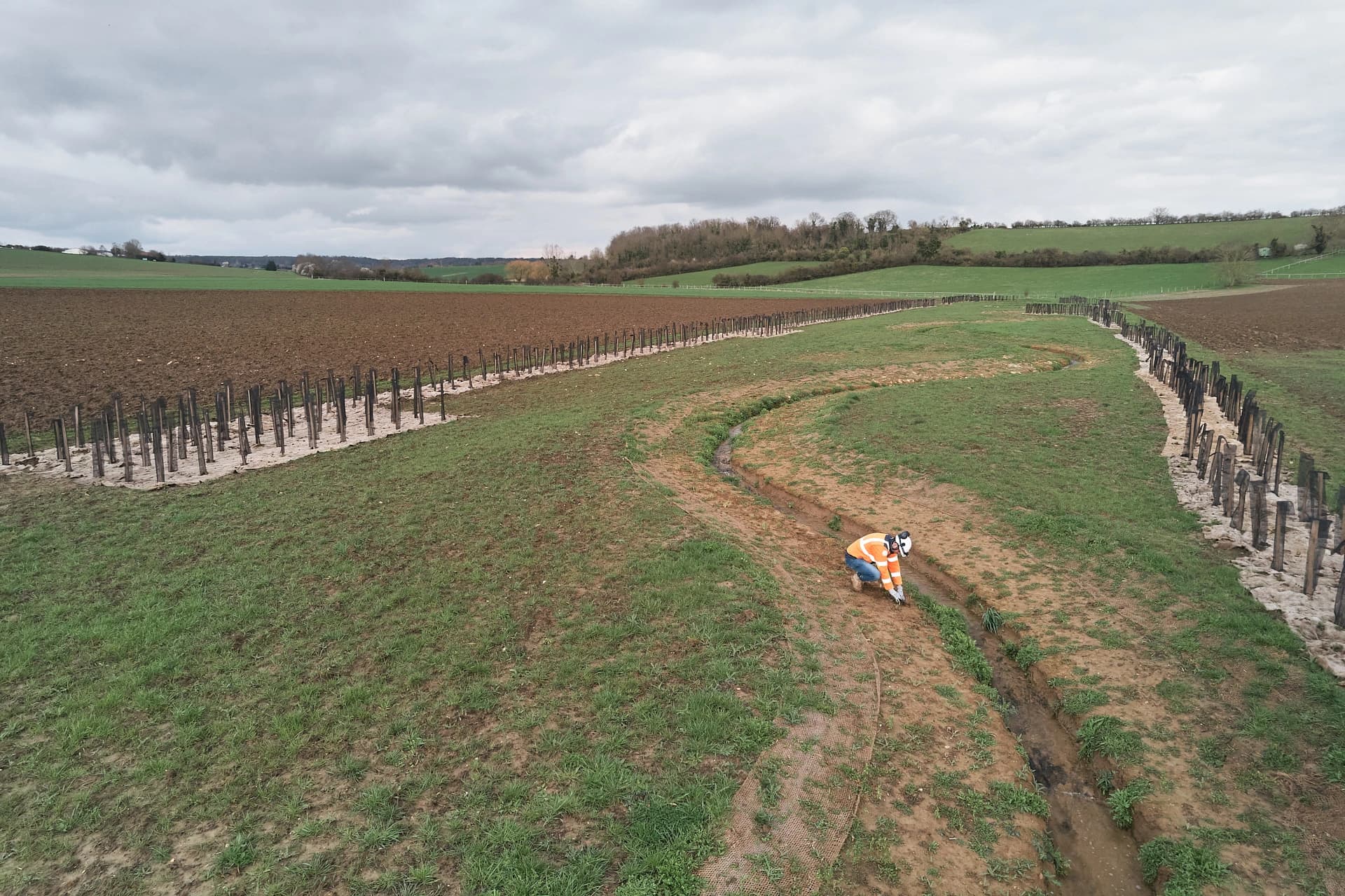 Une personne en veste orange fluo s'agenouille près d'un petit ruisseau sinueux, travaillant dans un paysage agricole avec des rangées de pieux en bois, des champs labourés marron et des prairies vertes sous un ciel couvert.