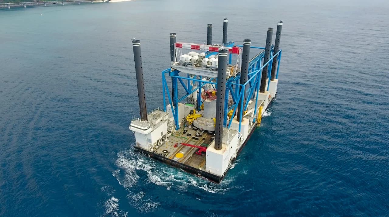 Vue aérienne d'un grand navire de construction offshore blanc et bleu, équipé de hautes colonnes noires et d'une grue, transportant du matériel lourd sur une mer d'un bleu profond.