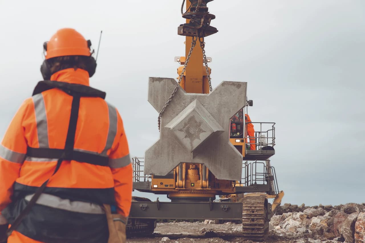 Un travailleur en veste de sécurité orange et casque observe une grue jaune à chenilles soulevant un imposant bloc de béton gris en forme de X, sur un chantier extérieur.