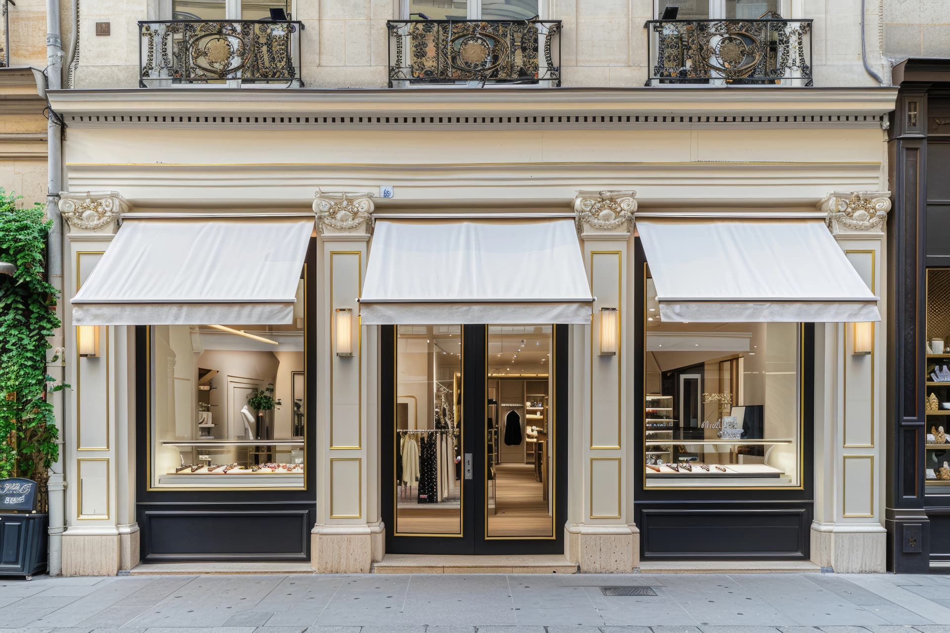 Une boutique élégante affiche trois vitrines avec auvents blancs, encadrées de moulures crème et dorées, sur une façade de bâtiment clair ornée de balcons en fer forgé noir. Le trottoir gris en pierre est visible au premier plan, accentuant l'ambiance urbaine chic.