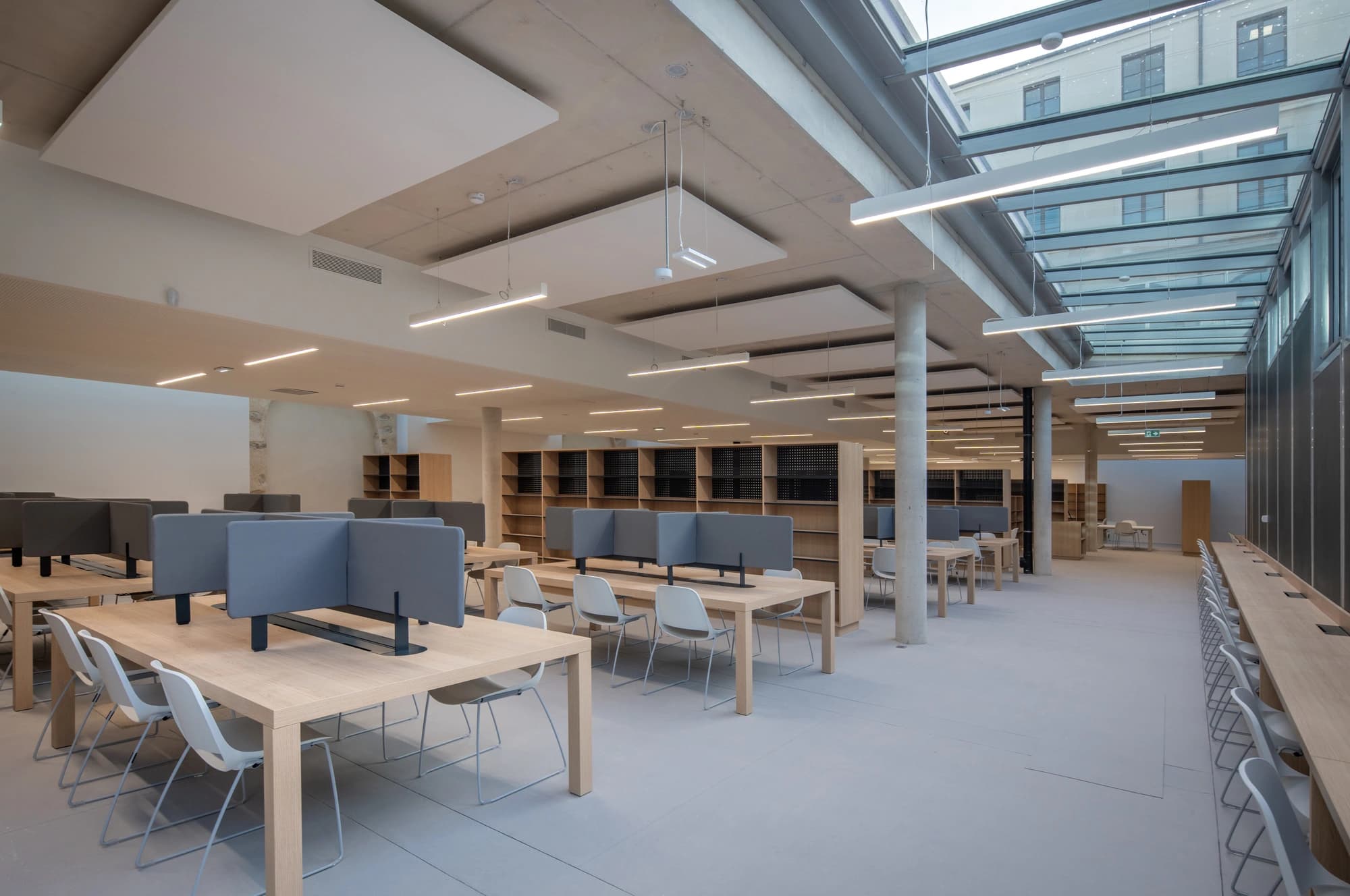 Grande salle d'étude ou bibliothèque moderne et lumineuse, vide, avec des tables en bois clair, des chaises blanches et des séparateurs gris. Le plafond en béton est éclairé par des luminaires LED et une longue verrière, complété par des étagères en bois le long des murs.
