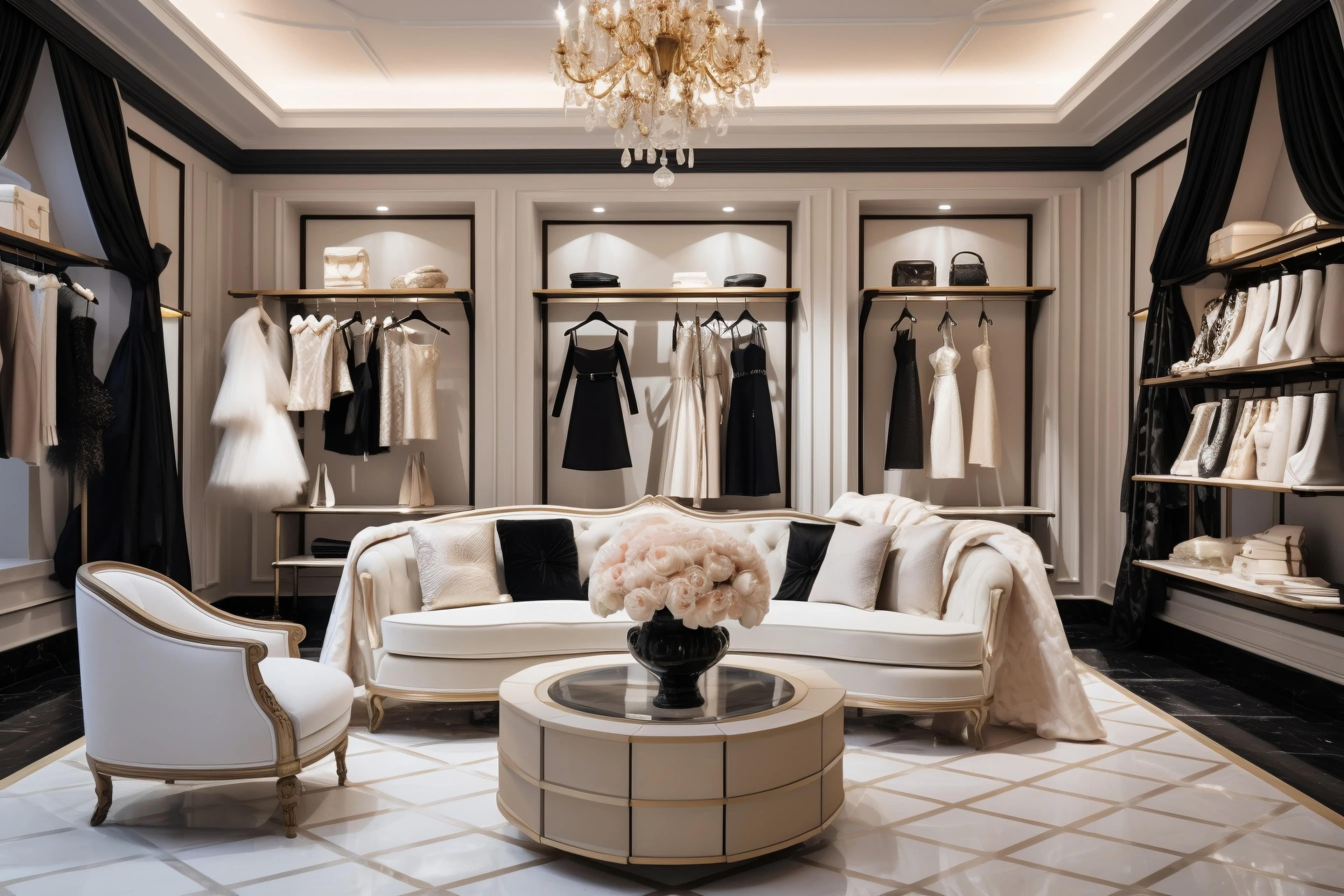 Une luxueuse cabine d'essayage ou un intérieur de boutique, conçu dans une palette élégante de noir, blanc et or, présente un canapé et un fauteuil crème. Des armoires ouvertes exposent une collection raffinée de robes, chaussures et sacs à main noirs et blancs, éclairée par un lustre doré scintillant et des lumières encastrées.